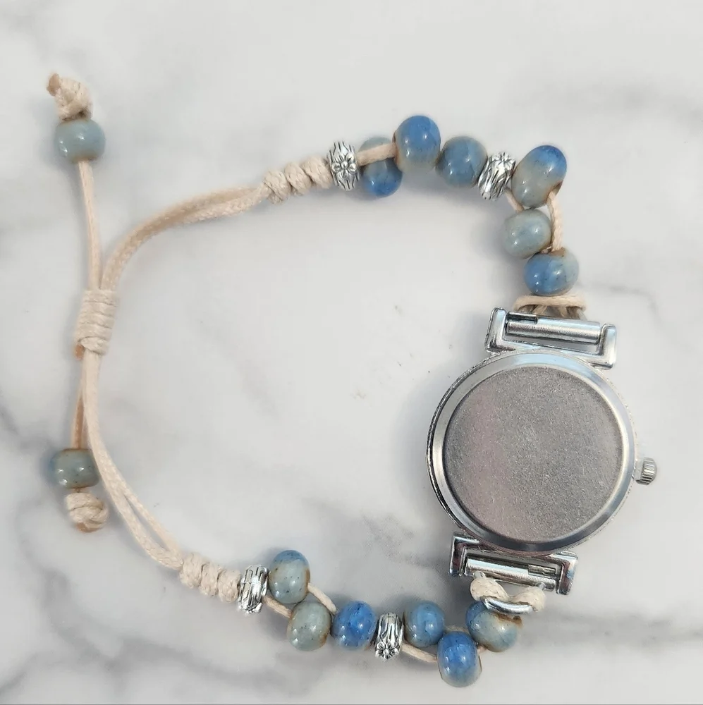 New Ceramic Silver Dial Beaded Watch With Wax Rope
